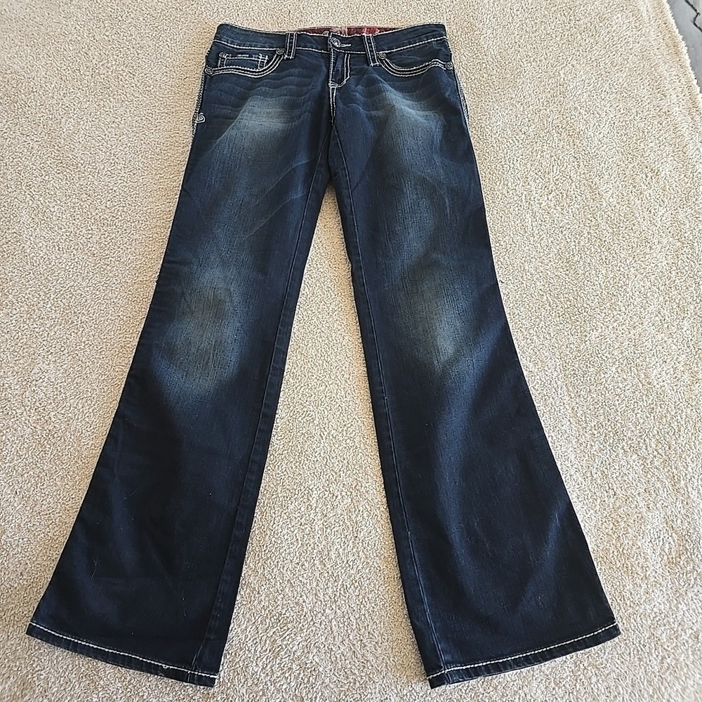 Adiktd Dark Wash Embroidered Rhinestone Studded Bootcut Jeans Size 6/33 Y2K